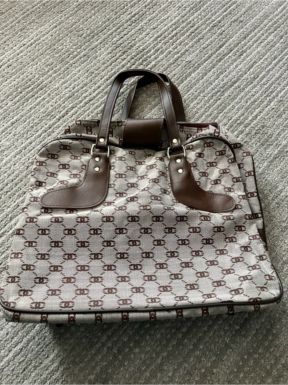 Brown Patterned Canvas Travel Tote Bag with Leather Trim